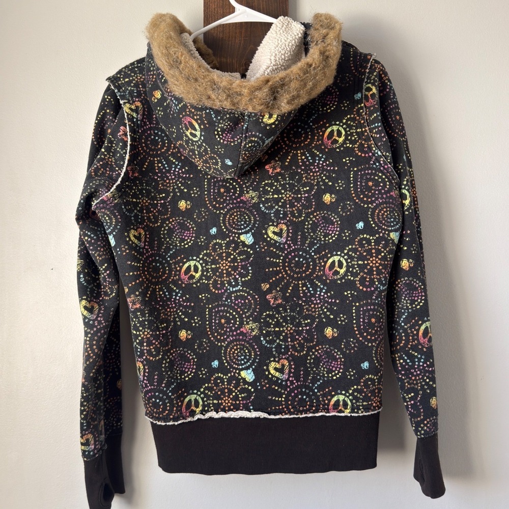 Self Esteem Y2K Black Sherpa Hoodie Womens L Rainbow Peace Heart Faux Fur Zip Up - Picture 4 of 16